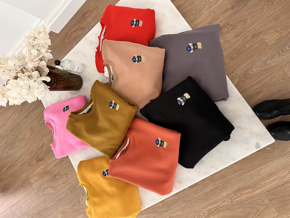 Teddy İşlemeli Şardonlu Swaetshirt - Kırmızı