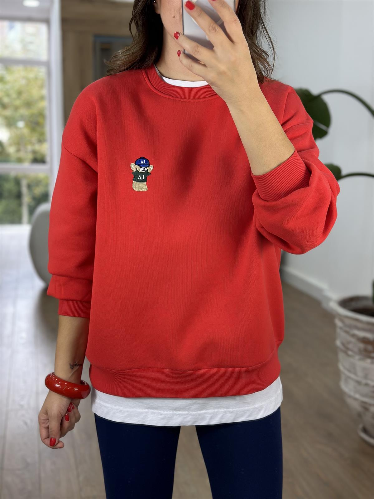 Teddy İşlemeli Şardonlu Swaetshirt - Kırmızı
