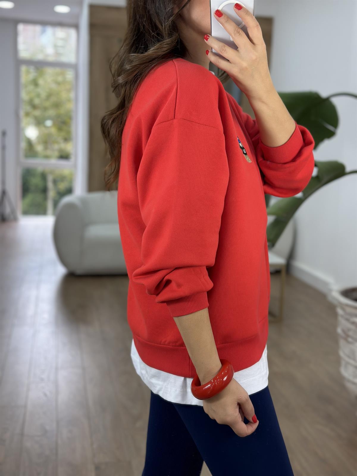 Teddy İşlemeli Şardonlu Swaetshirt - Kırmızı