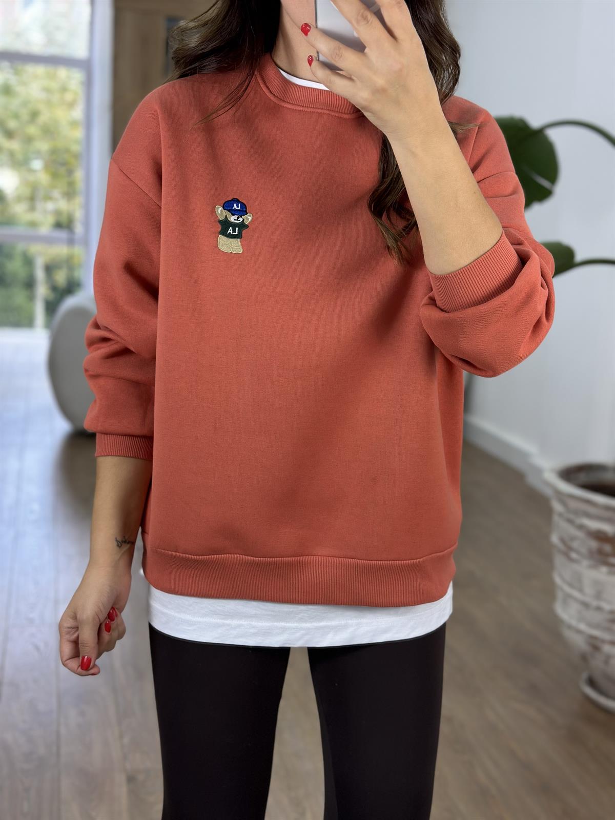 Teddy İşlemeli Şardonlu Swaetshirt - Kiremit