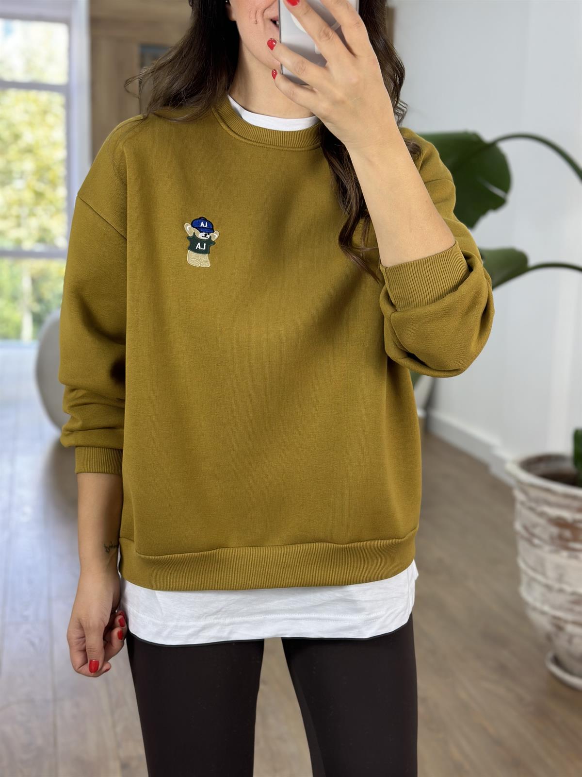Teddy İşlemeli Şardonlu Swaetshirt - Olive 