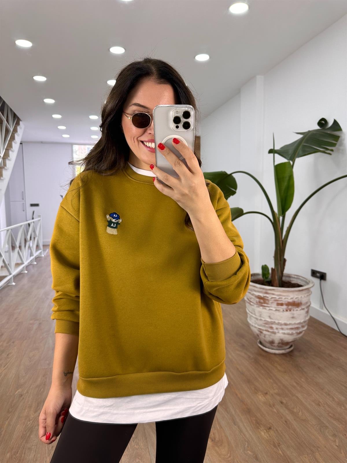 Teddy İşlemeli Şardonlu Swaetshirt - Olive 