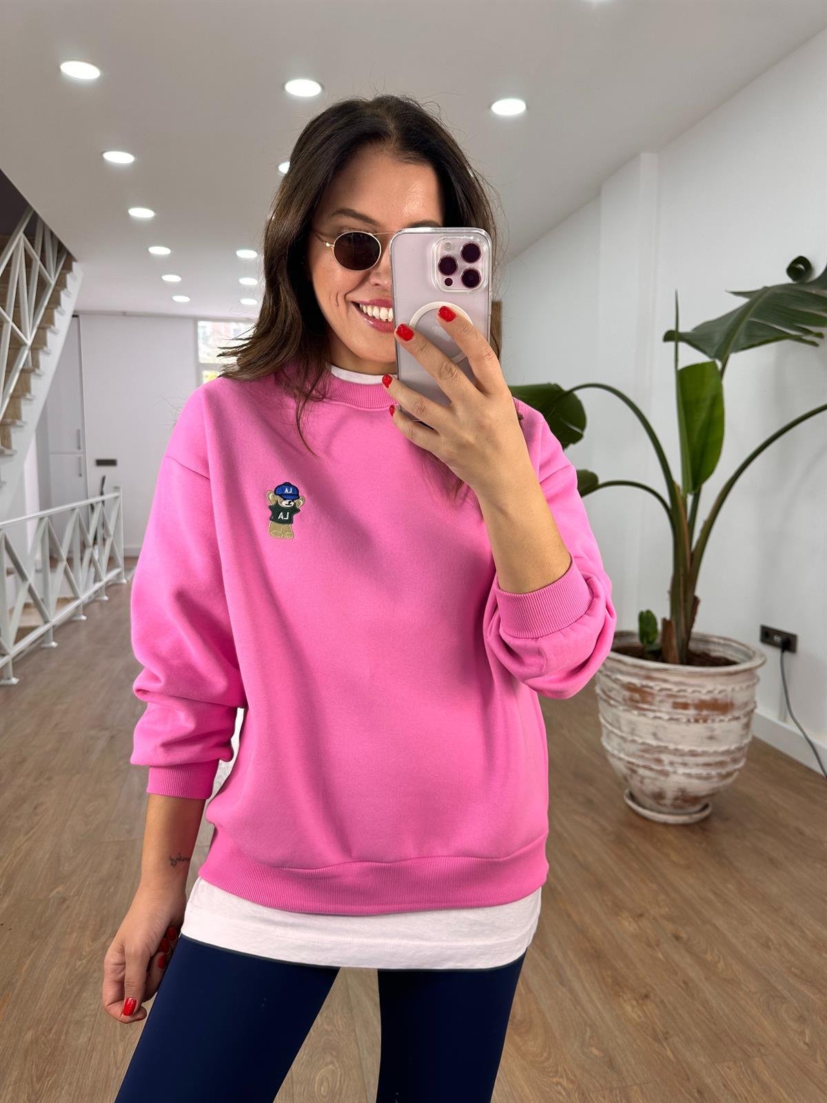 Teddy İşlemeli Şardonlu Swaetshirt - Pembe