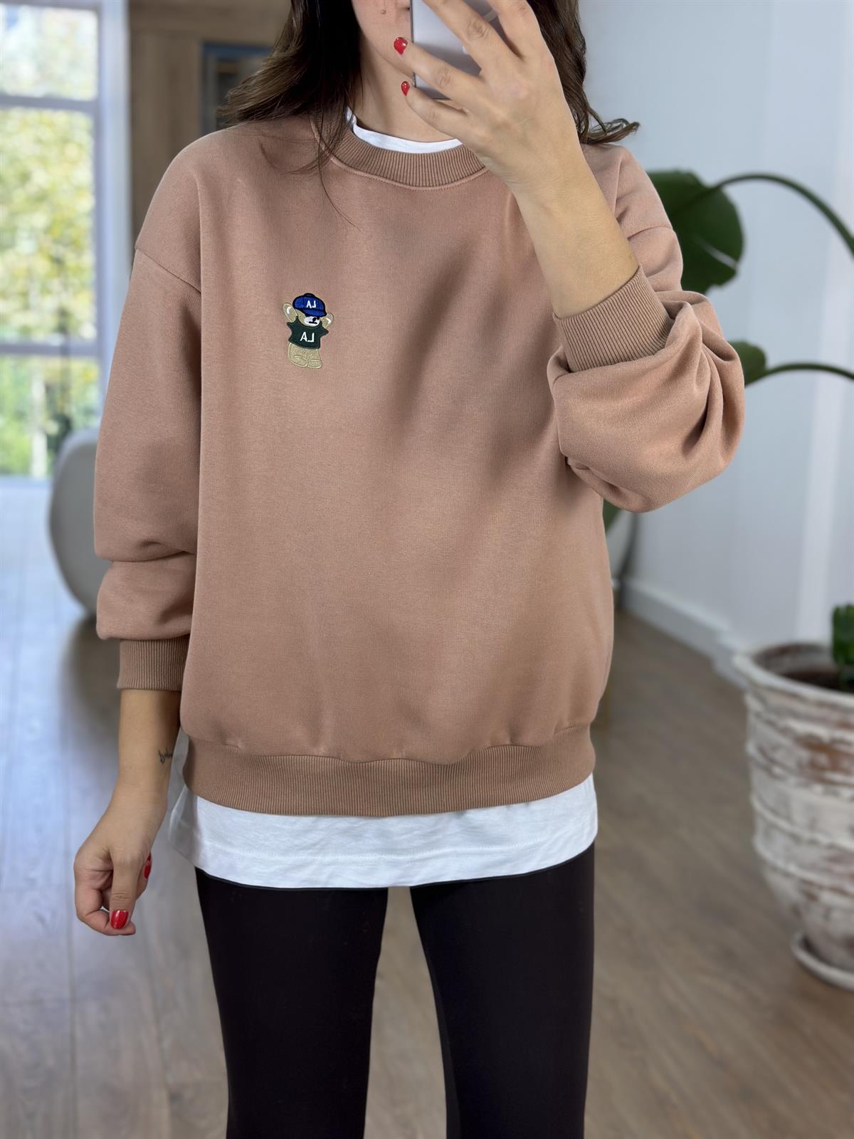 Teddy İşlemeli Şardonlu Swaetshirt - Sütlü Kahve