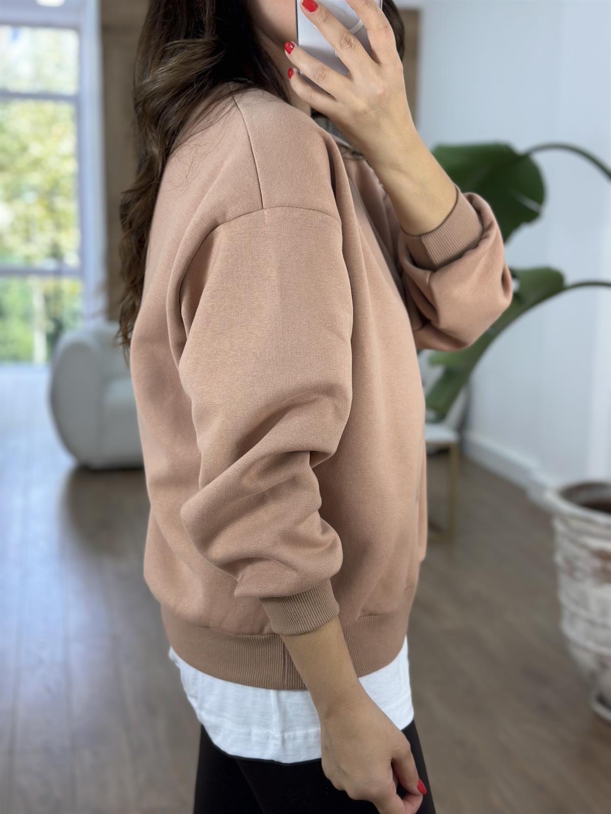 Teddy İşlemeli Şardonlu Swaetshirt - Sütlü Kahve