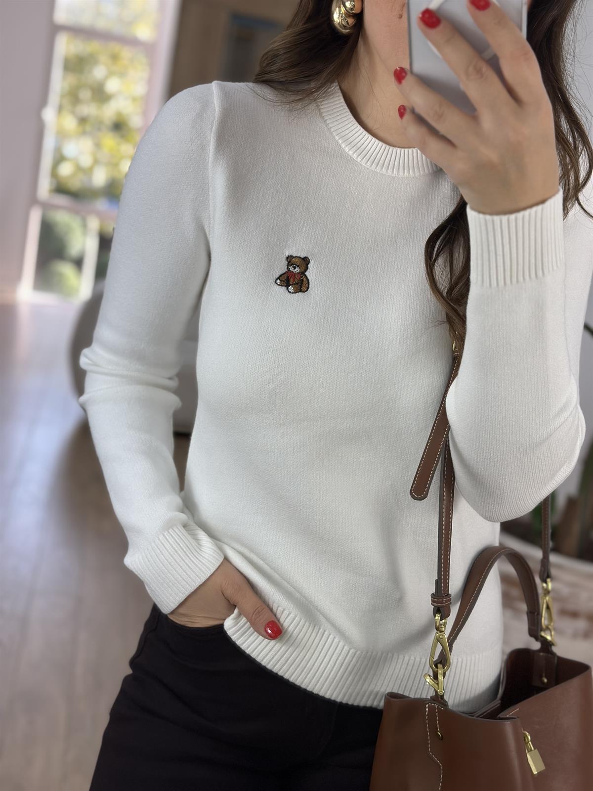 Teddy Nakışlı Triko Kazak - Ekru