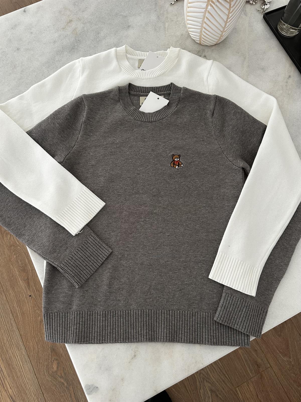 Teddy Nakışlı Triko Kazak - Ekru