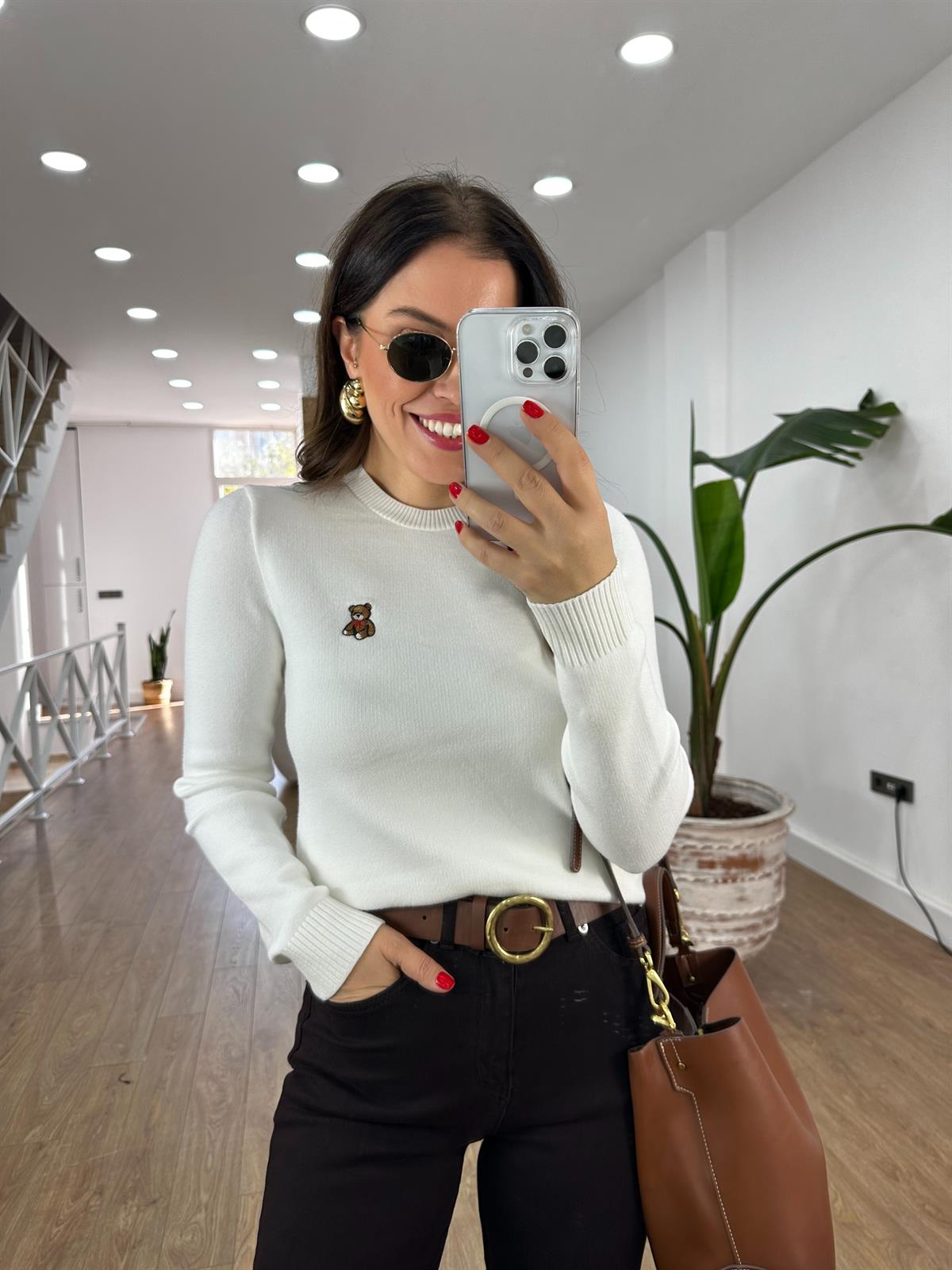 Teddy Nakışlı Triko Kazak - Ekru