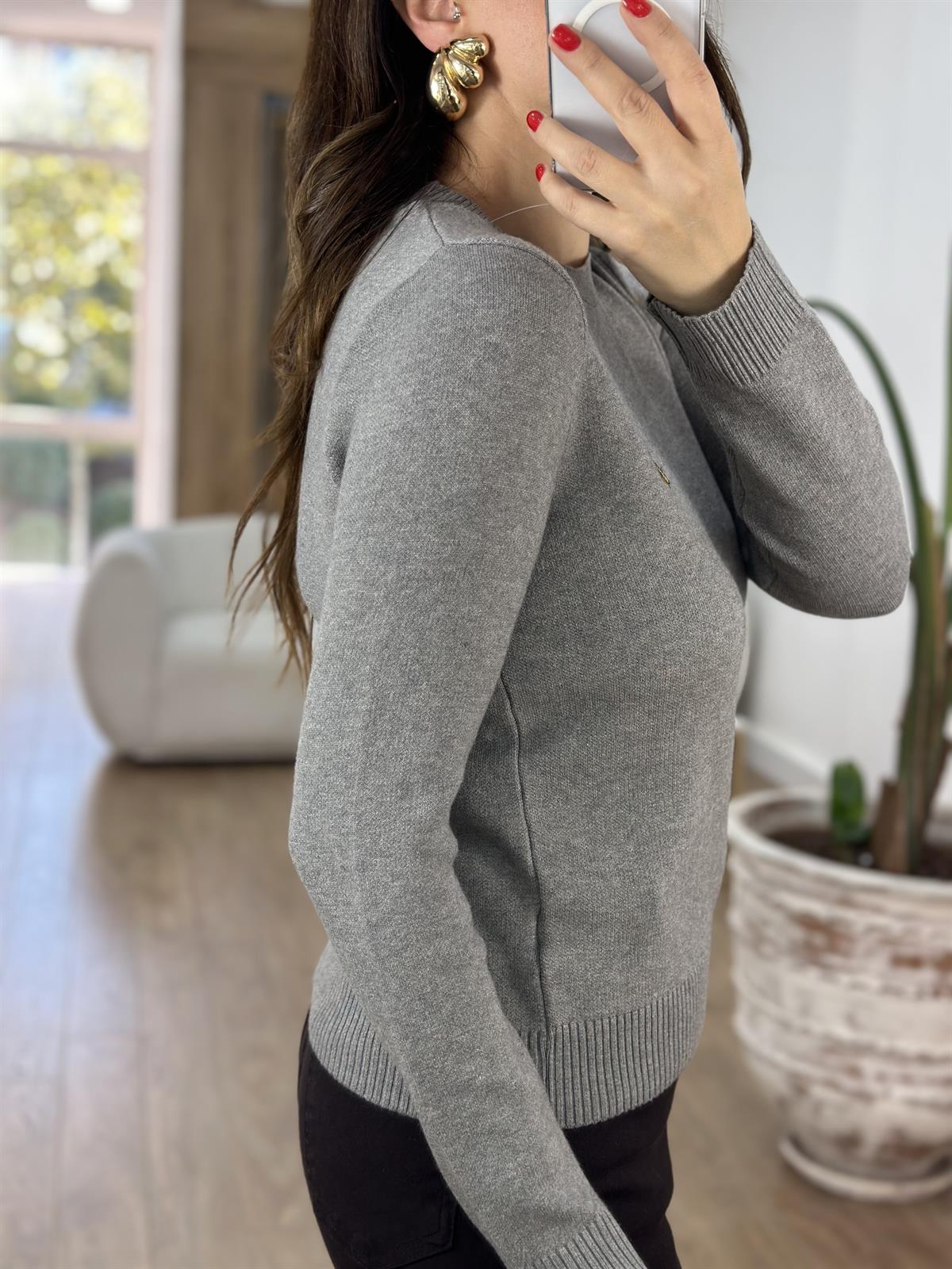 Teddy Nakışlı Triko Kazak - Gri