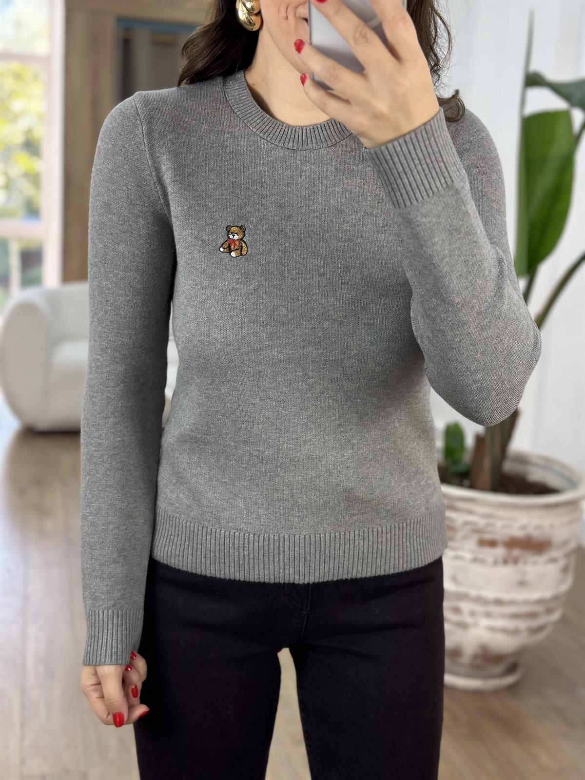 Teddy Nakışlı Triko Kazak - Gri