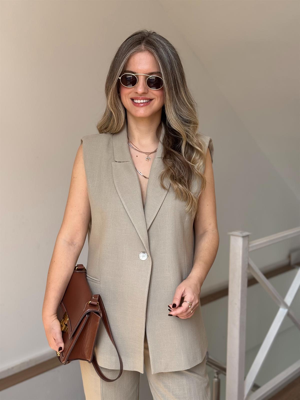 Tek Düğmeli Yelekli Keten Takım - Haki