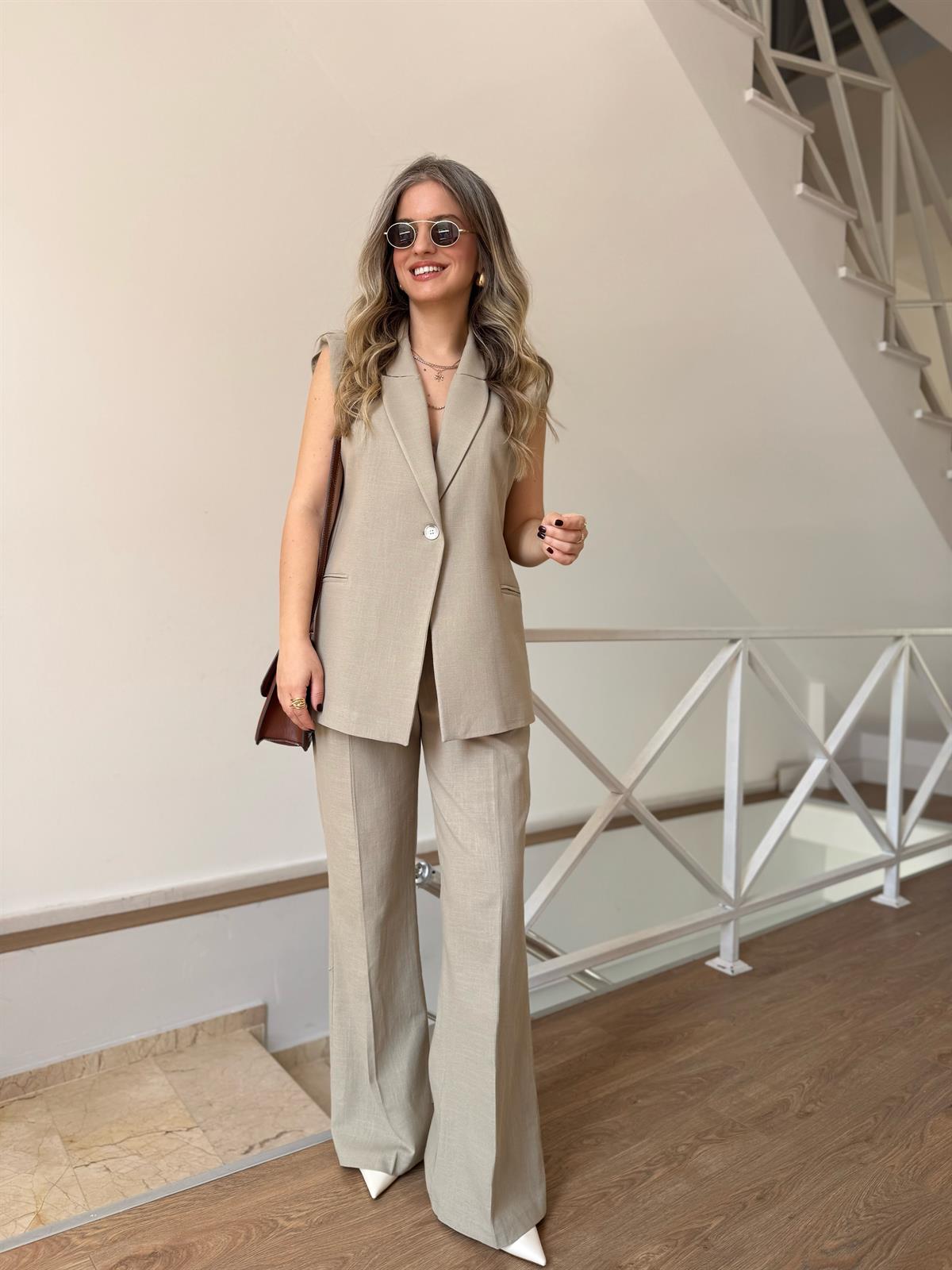 Tek Düğmeli Yelekli Keten Takım - Haki