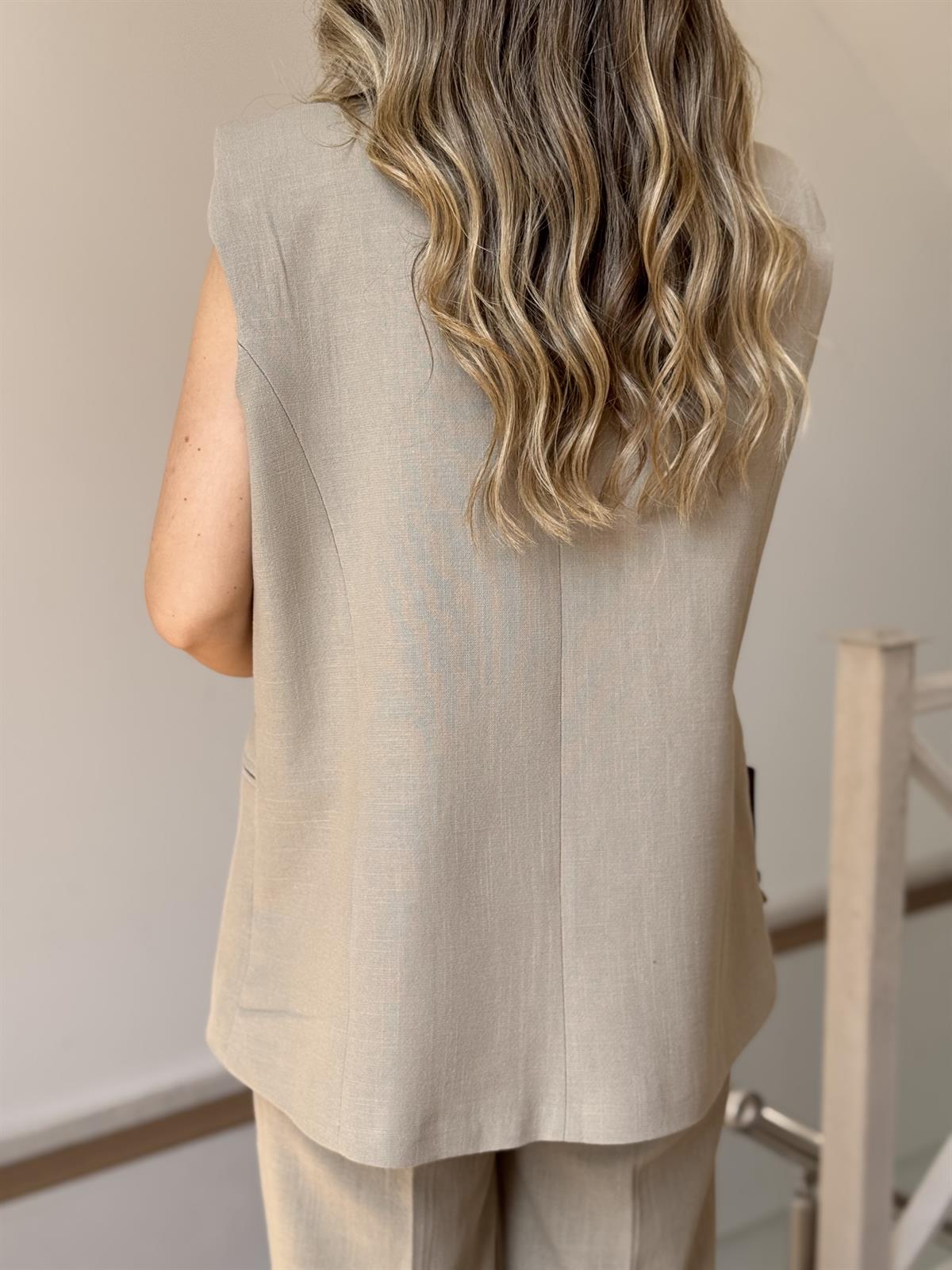 Tek Düğmeli Yelekli Keten Takım - Haki