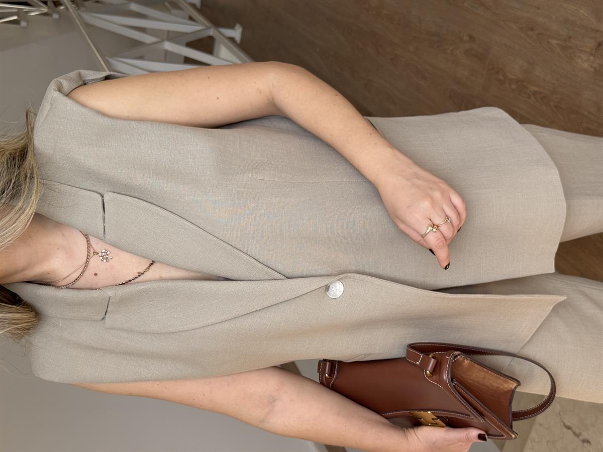 Tek Düğmeli Yelekli Keten Takım - Haki