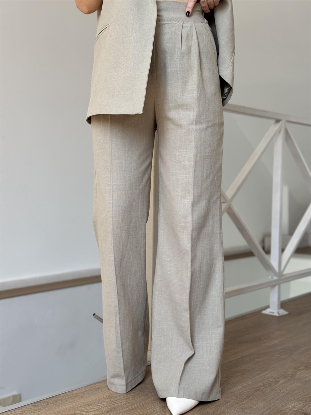 Tek Düğmeli Yelekli Keten Takım - Haki