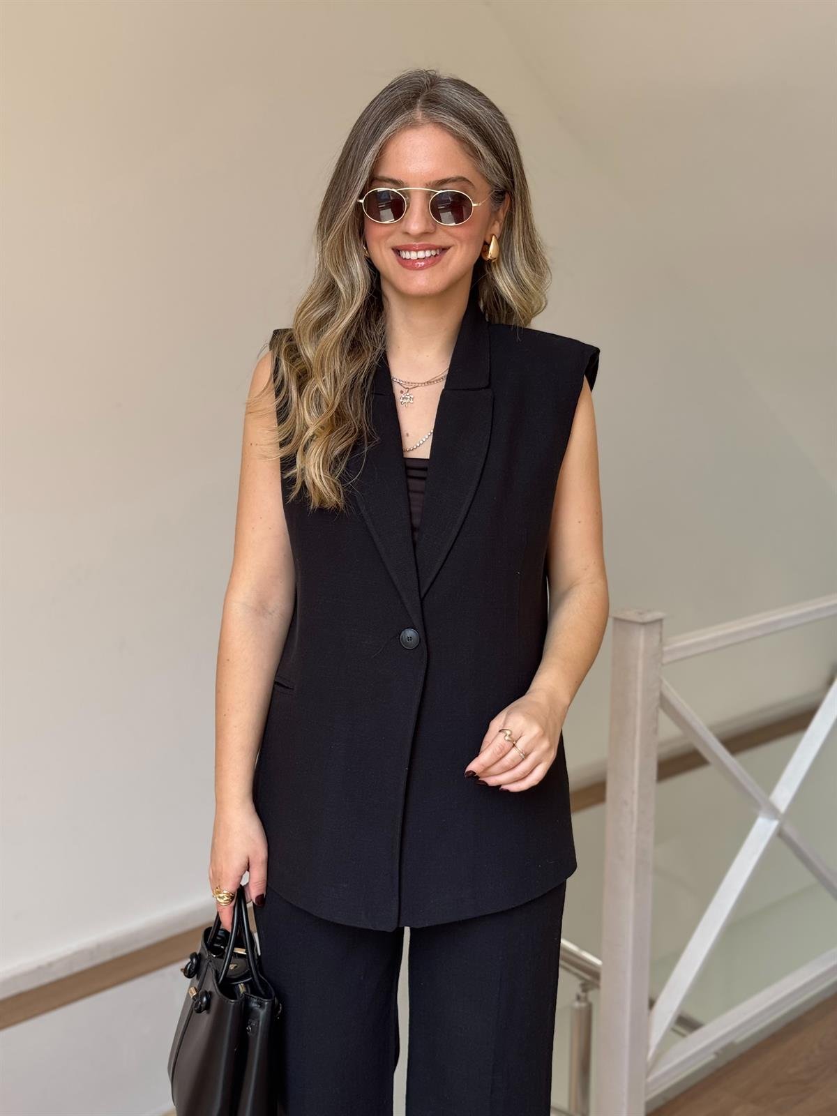 Tek Düğmeli Yelekli Keten Takım - Siyah