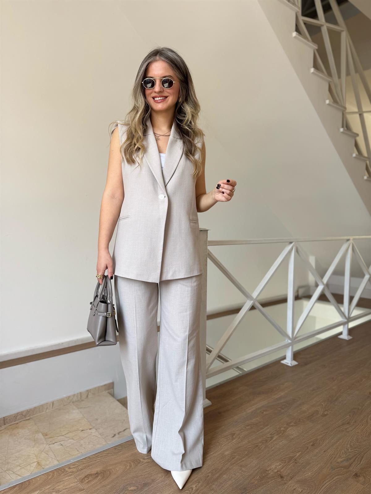 Tek Düğmeli Yelekli Keten Takım - Taş