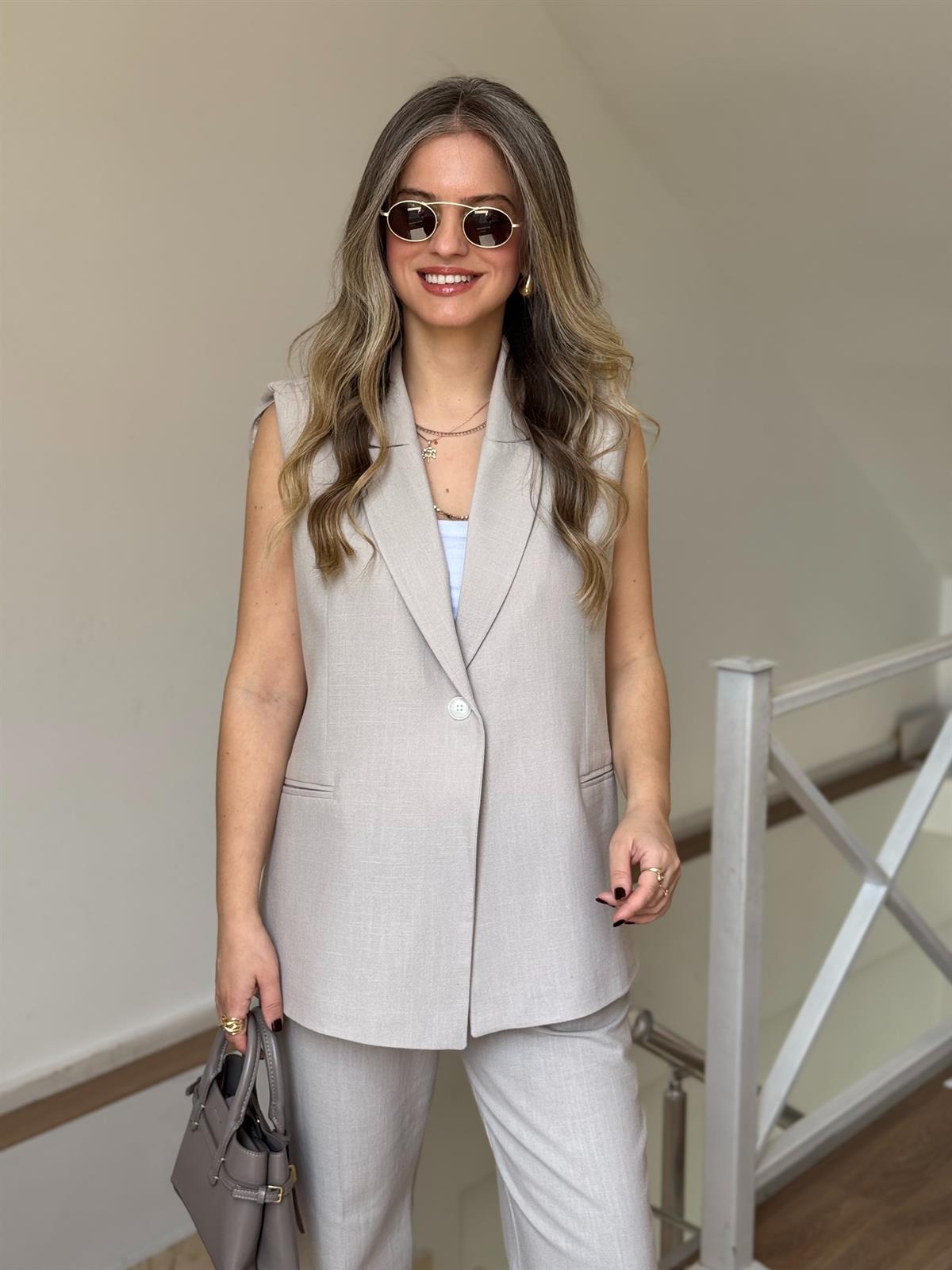 Tek Düğmeli Yelekli Keten Takım - Taş