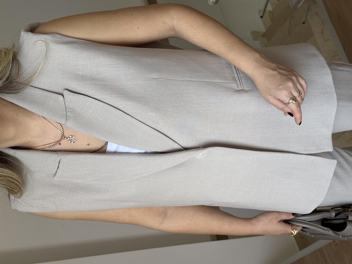 Tek Düğmeli Yelekli Keten Takım - Taş