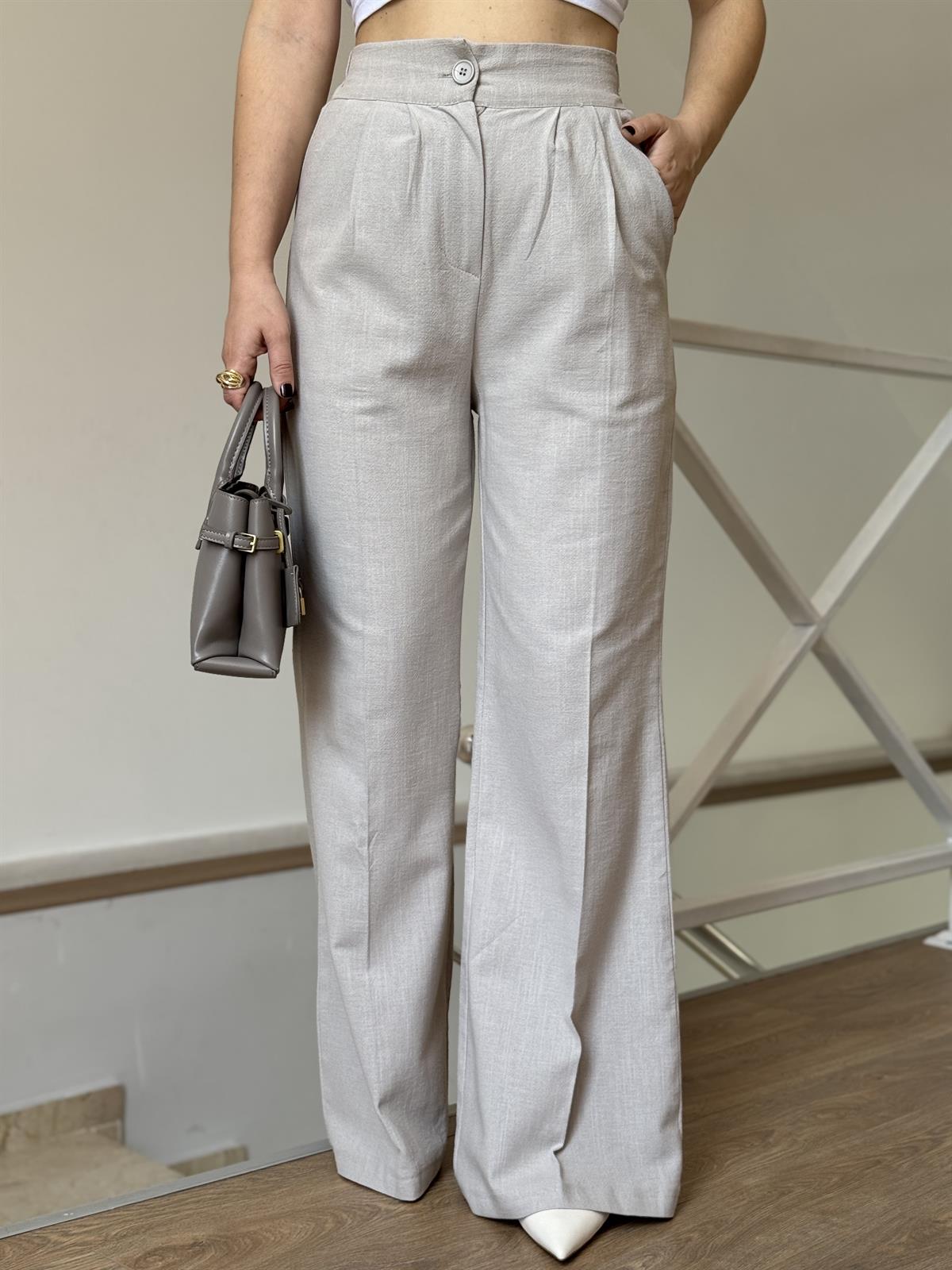 Tek Düğmeli Yelekli Keten Takım - Taş