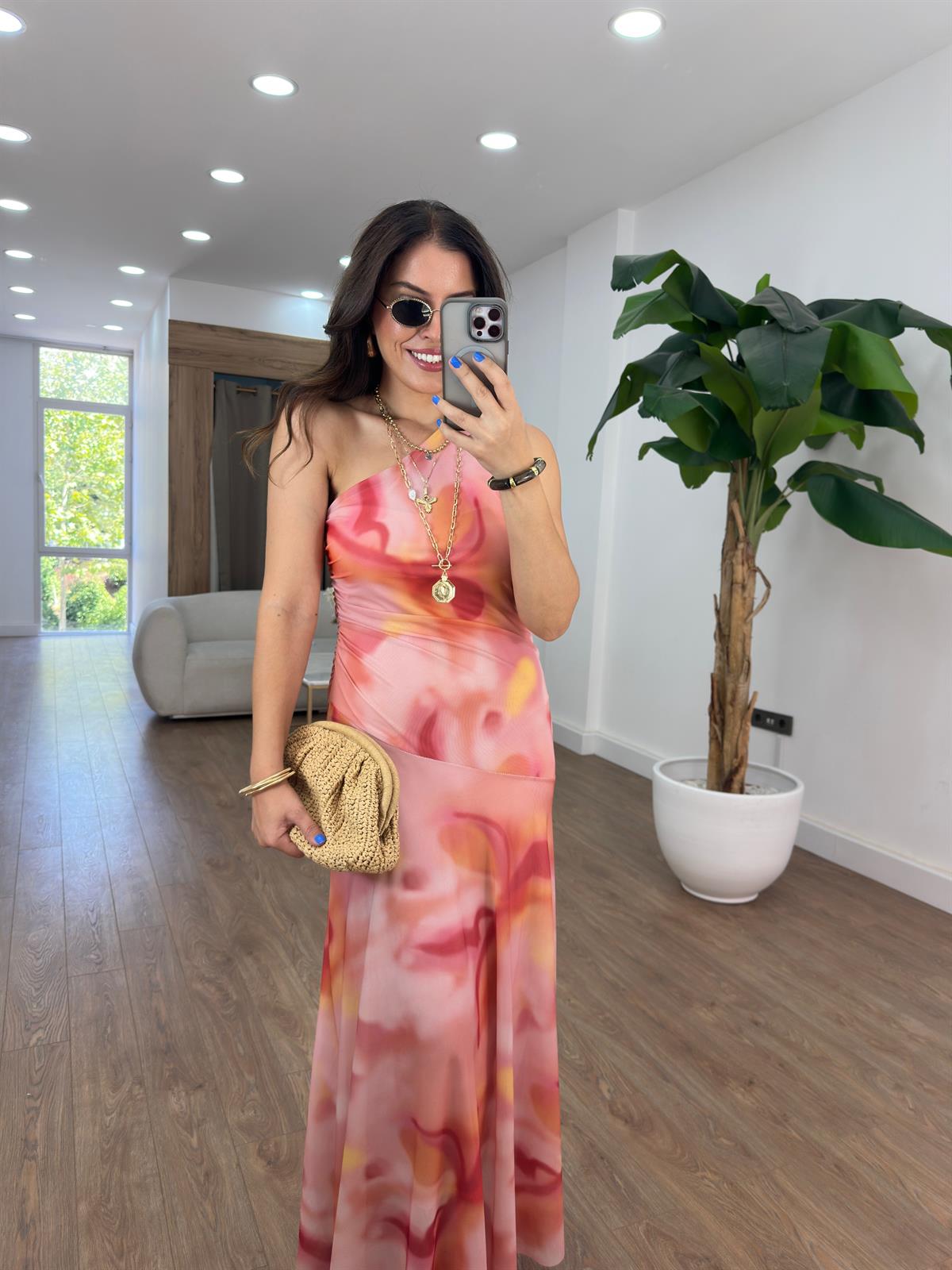 Tek Omuz Detaylı Şifon Midi Elbise