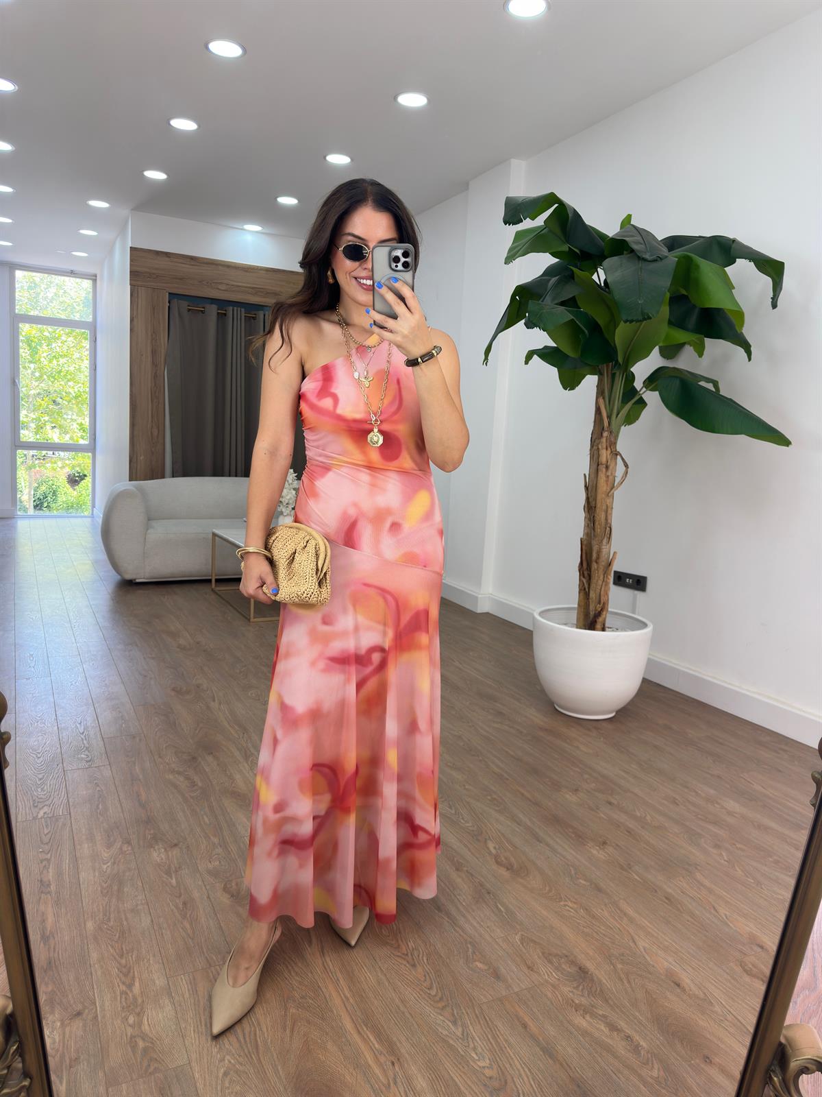 Tek Omuz Detaylı Şifon Midi Elbise