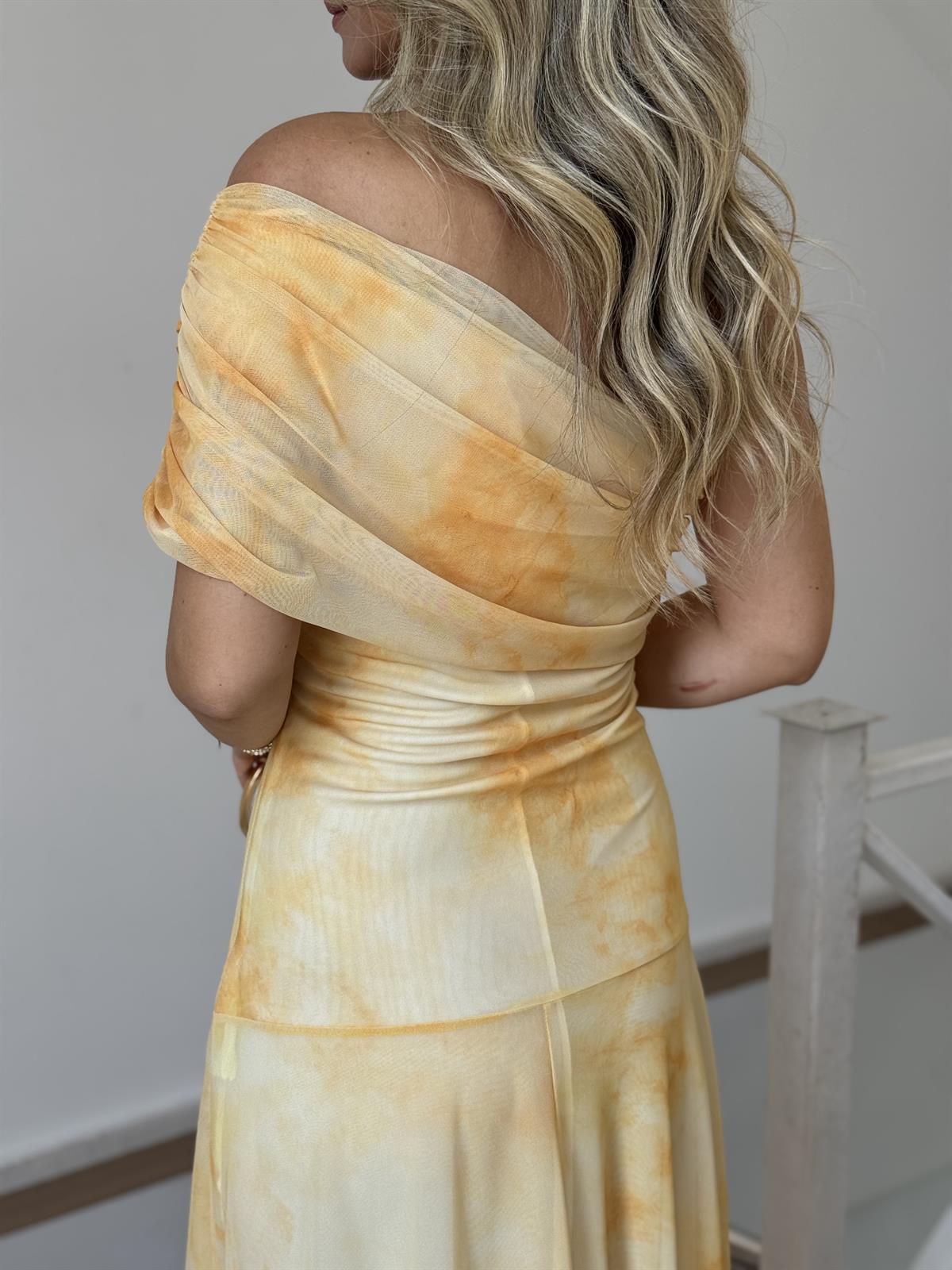 Tek Omuzlu Maxi Şifon Tül Elbise 