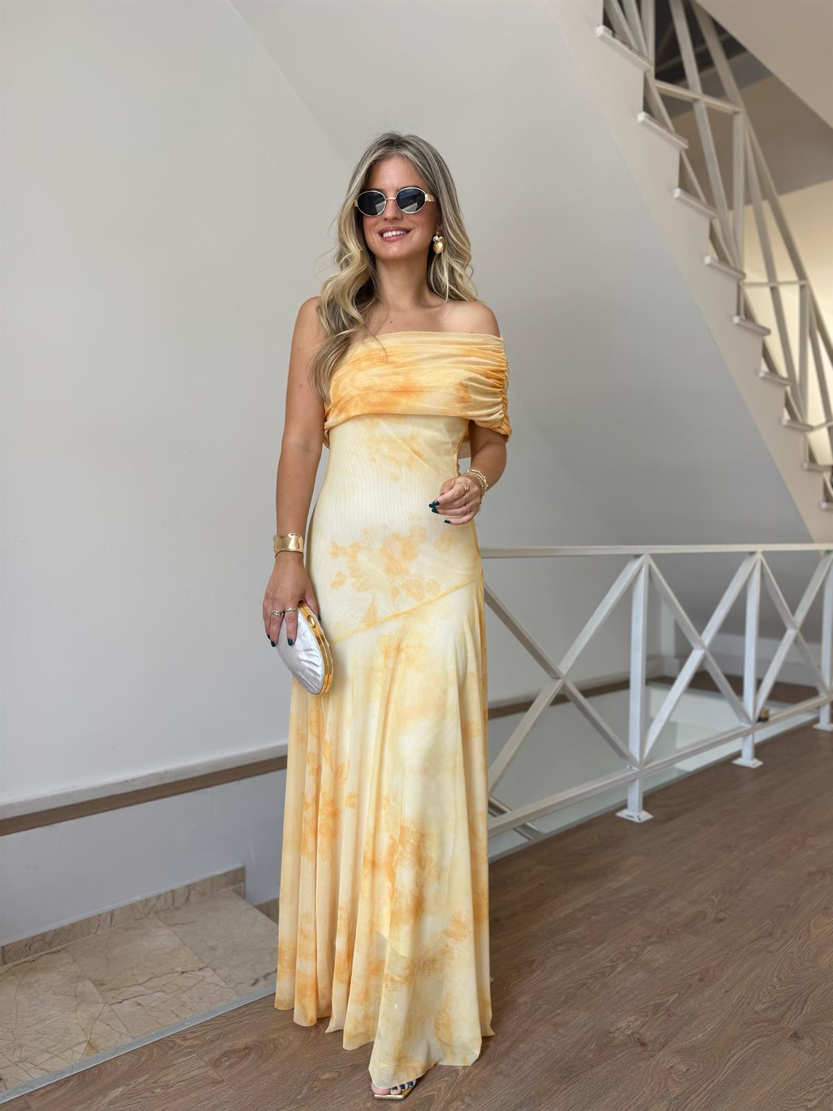 Tek Omuzlu Maxi Şifon Tül Elbise 