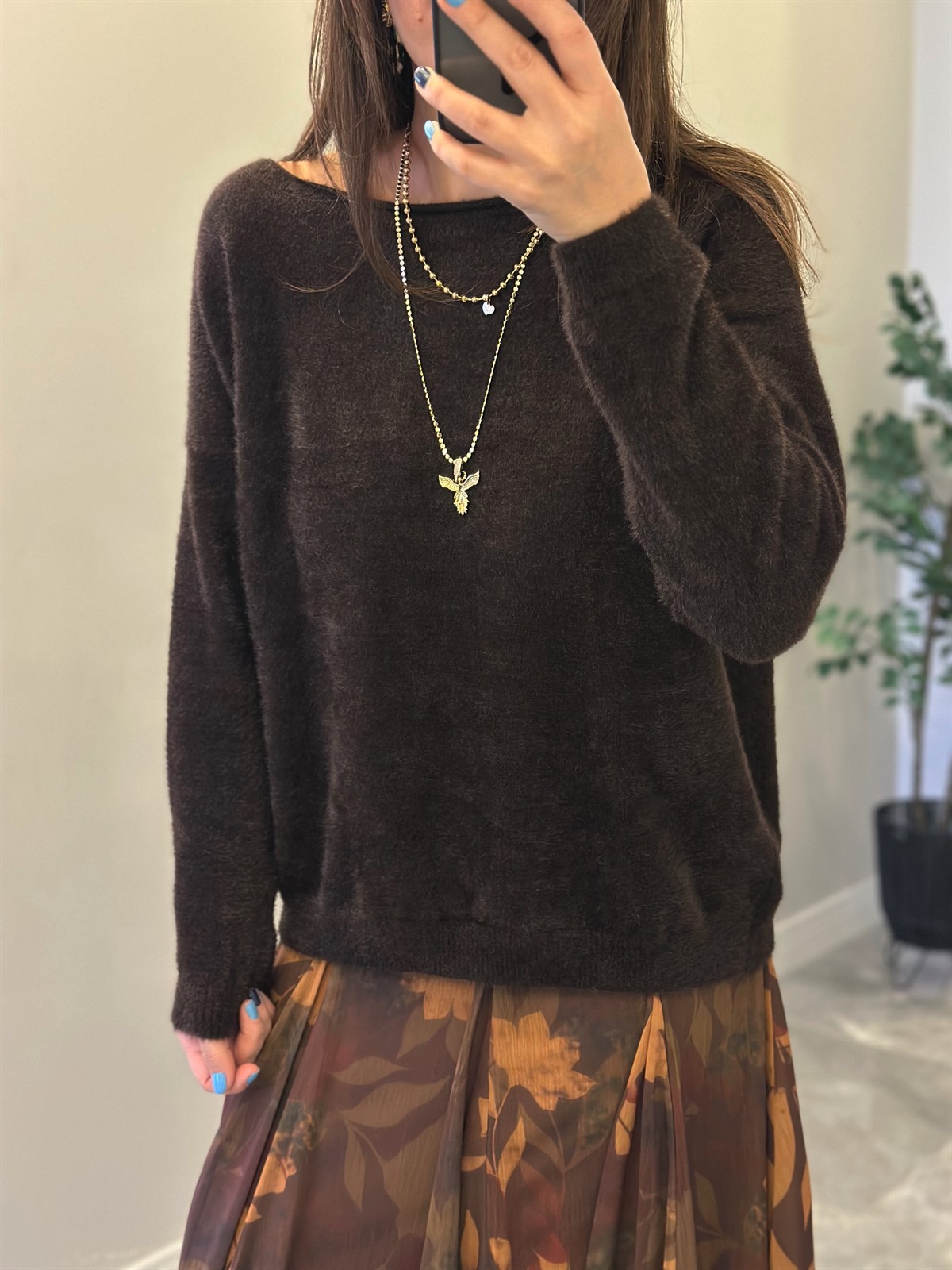 Tek Omzu Açık Yumoş Kazak - Kahverengi