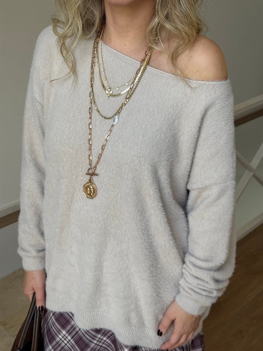 Tek Omzu Açık Yumoş Kazak - Taş