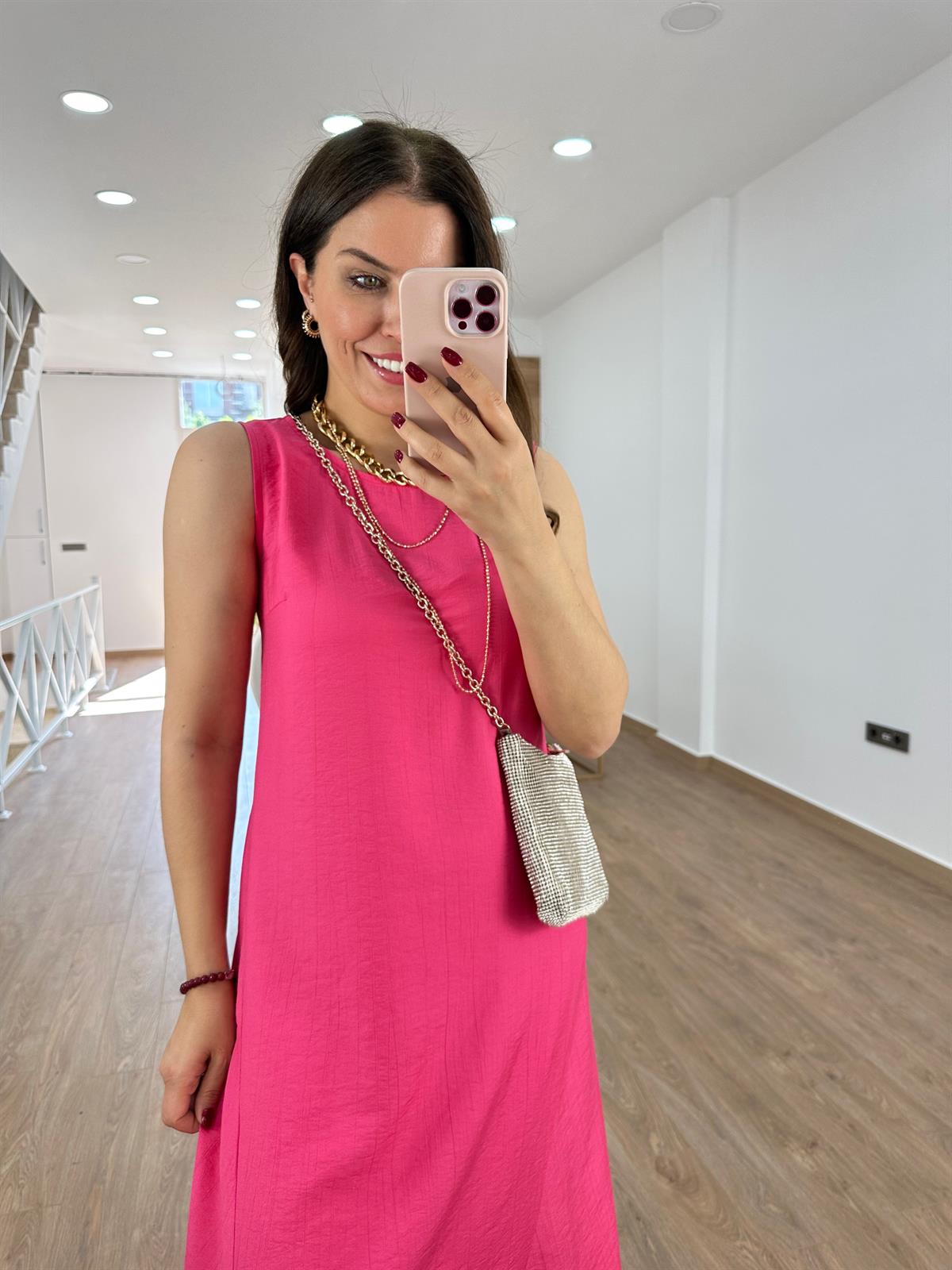 Tnsel Kumaş Uzun Çan Elbise-Fuşya