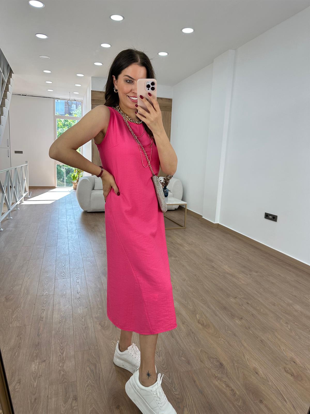 Tnsel Kumaş Uzun Çan Elbise-Fuşya