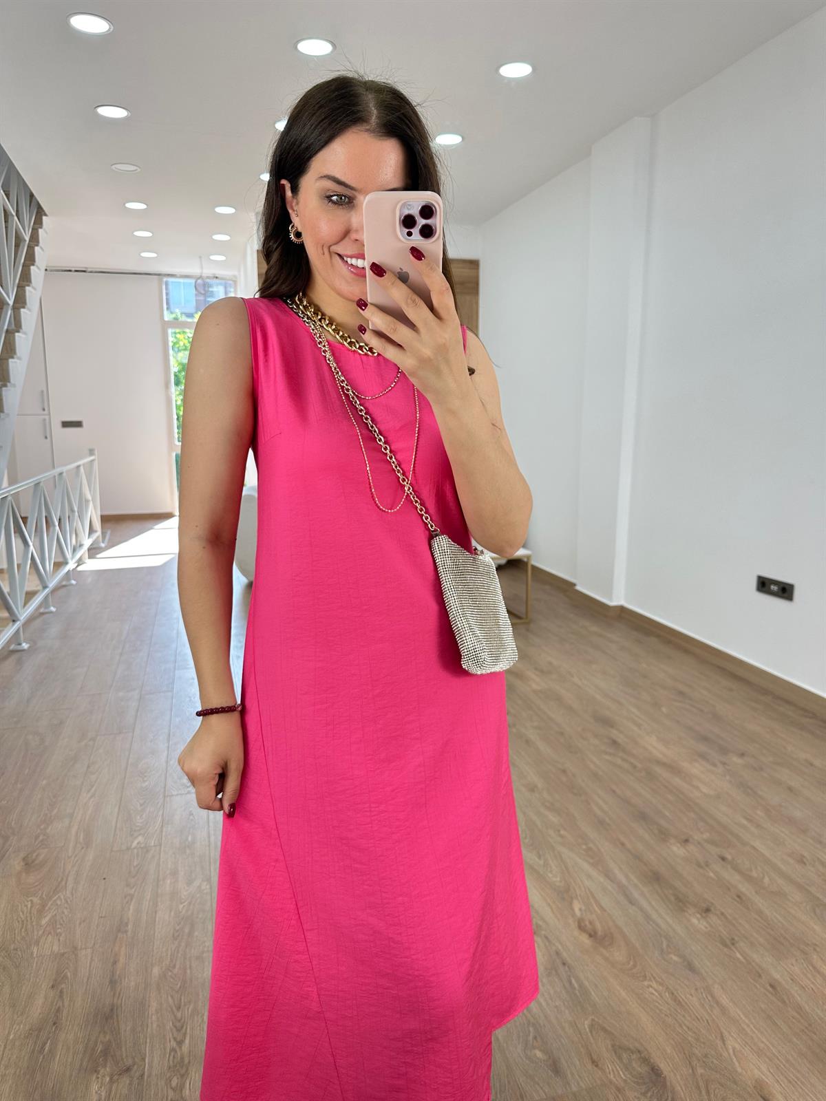 Tnsel Kumaş Uzun Çan Elbise-Fuşya