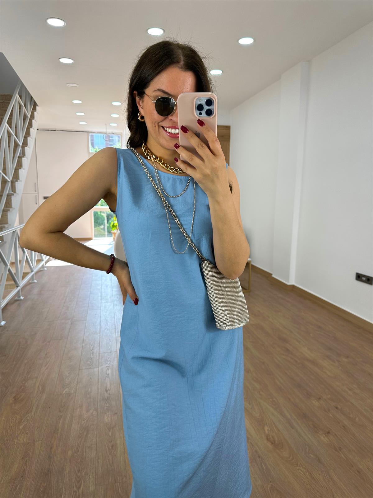 Tnsel Kumaş Uzun Çan Elbise-Mavi