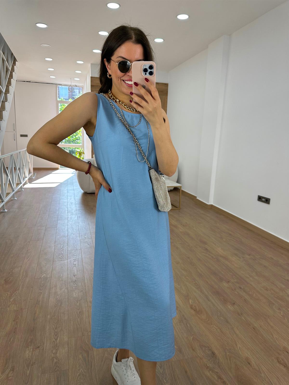 Tnsel Kumaş Uzun Çan Elbise-Mavi