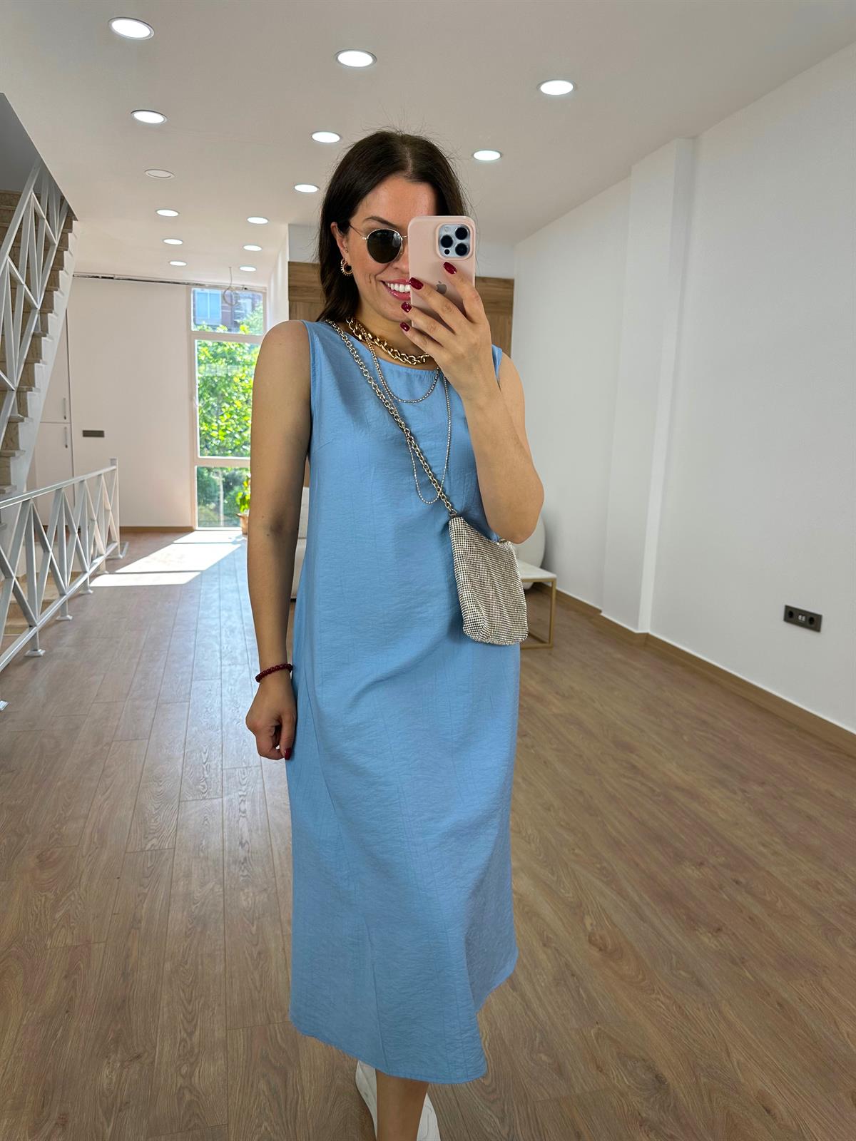 Tnsel Kumaş Uzun Çan Elbise-Mavi