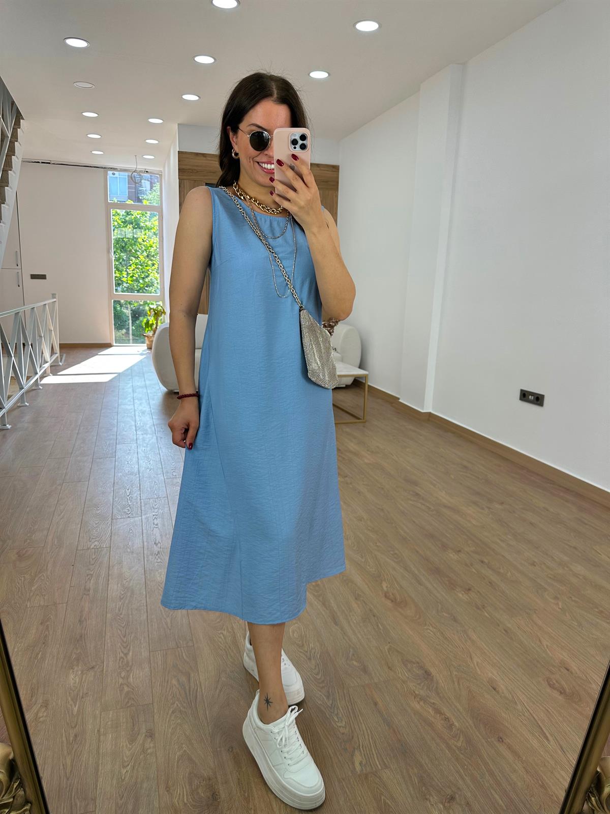 Tnsel Kumaş Uzun Çan Elbise-Mavi