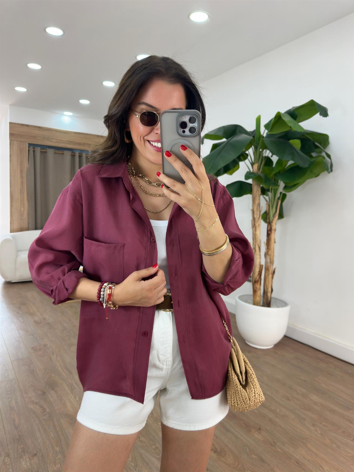 Tensel Tiril Gömlek - Bordo