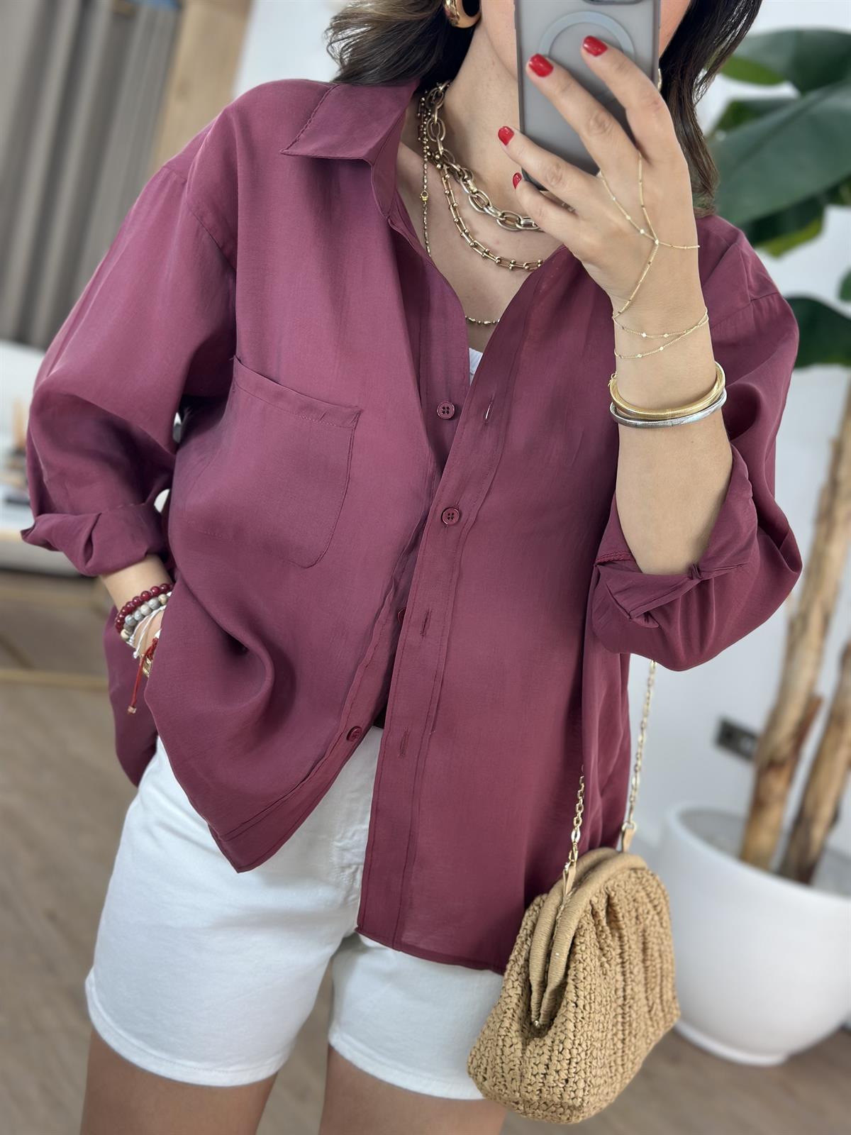 Tensel Tiril Gömlek - Bordo