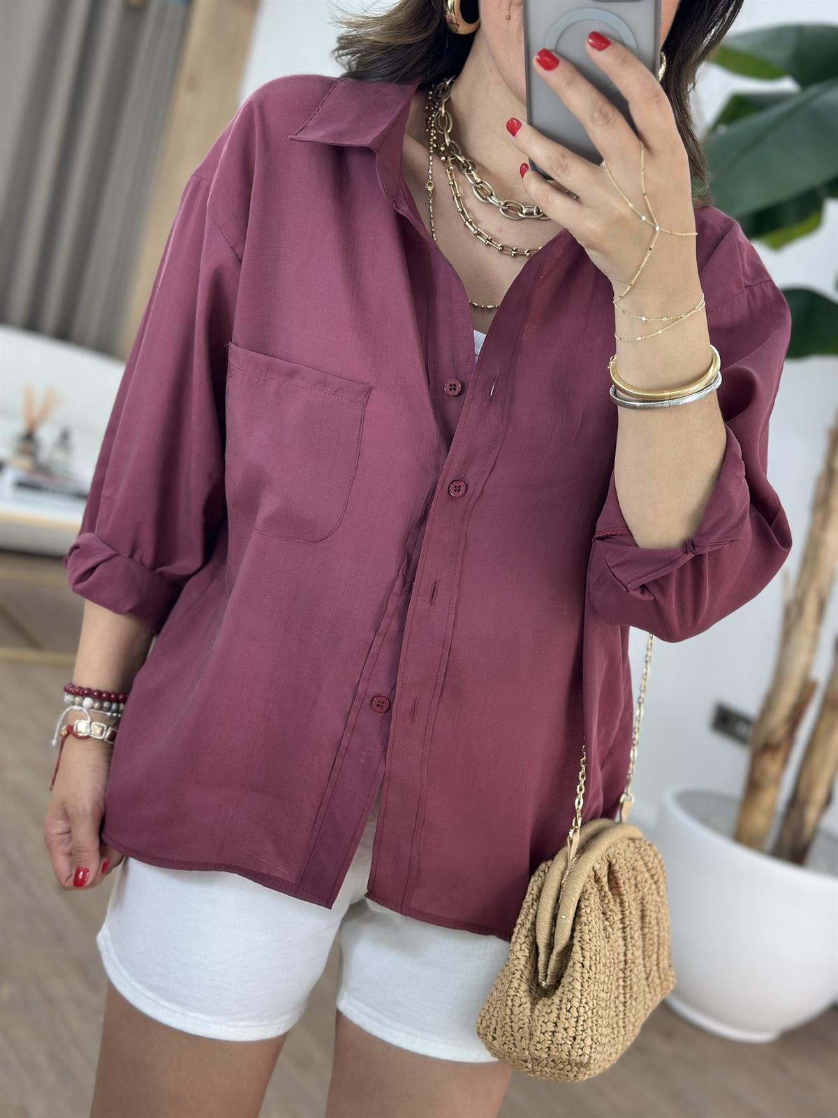 Tensel Tiril Gömlek - Bordo