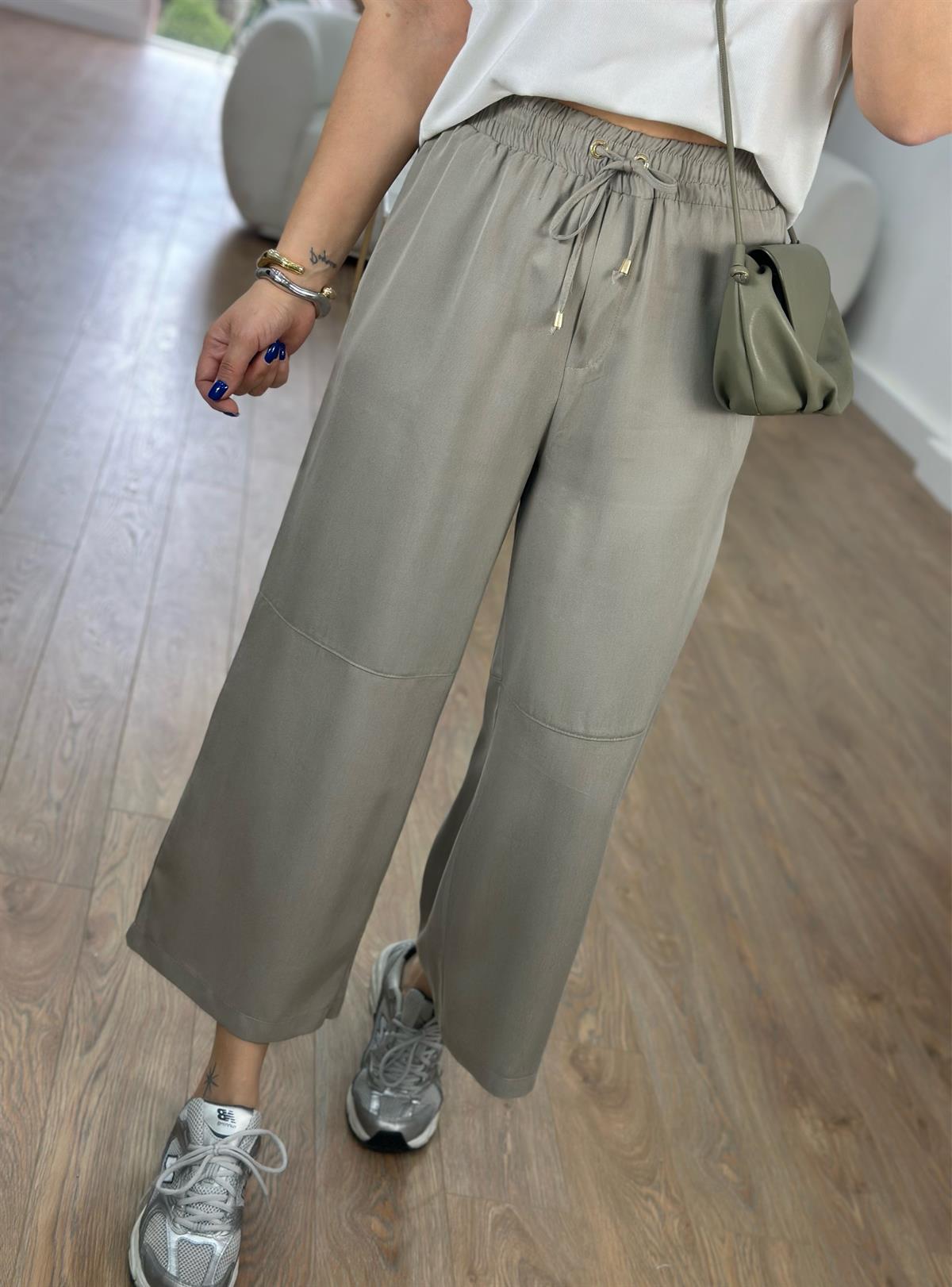 Tensel Viskon Bol Paça Pantolon-Bej