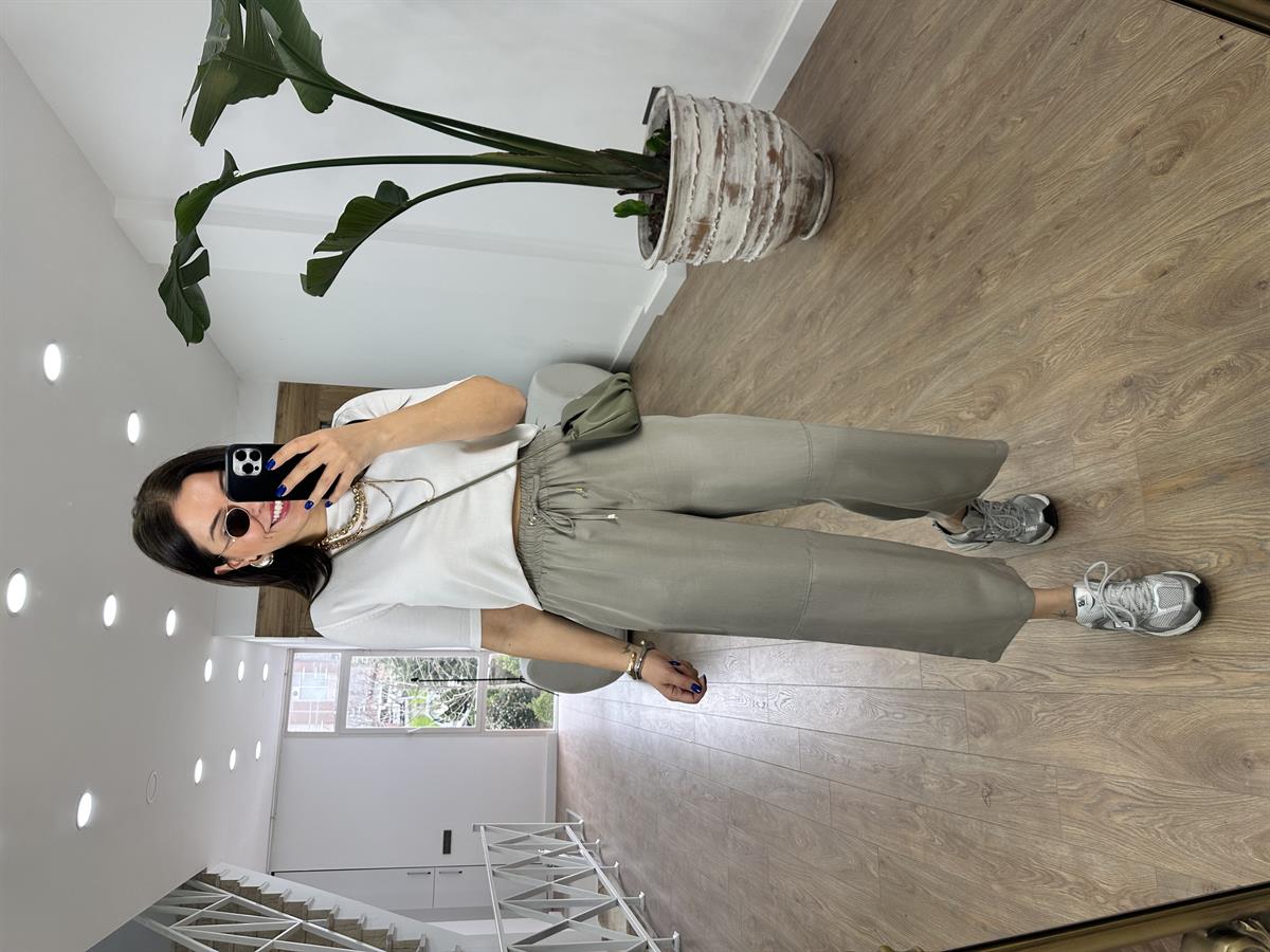 Tensel Viskon Bol Paça Pantolon-Bej