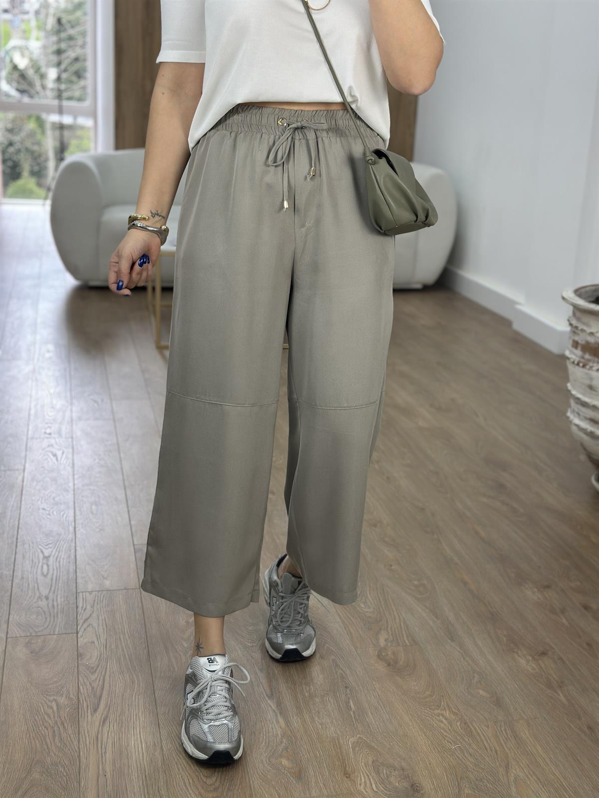 Tensel Viskon Bol Paça Pantolon-Bej