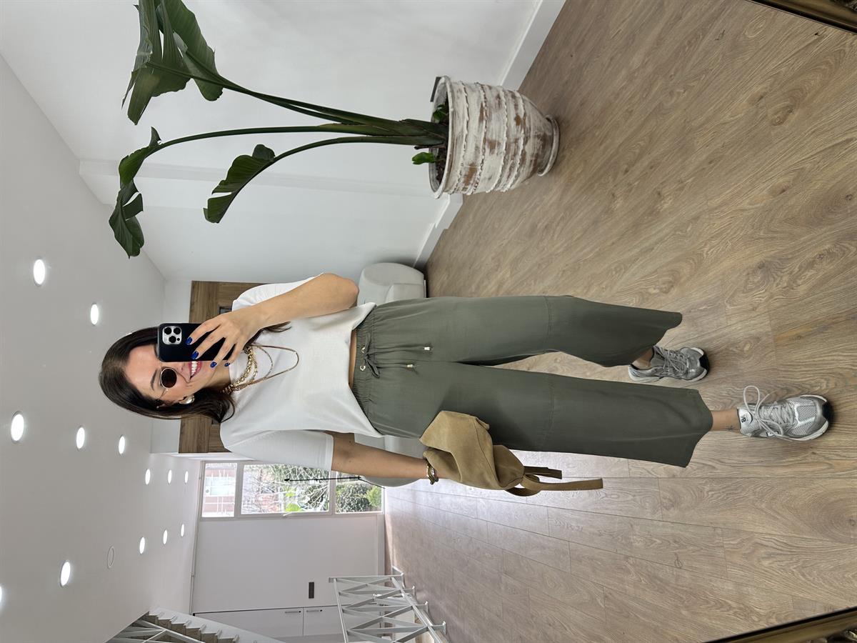 Tensel Viskon Bol Paça Pantolon-Haki