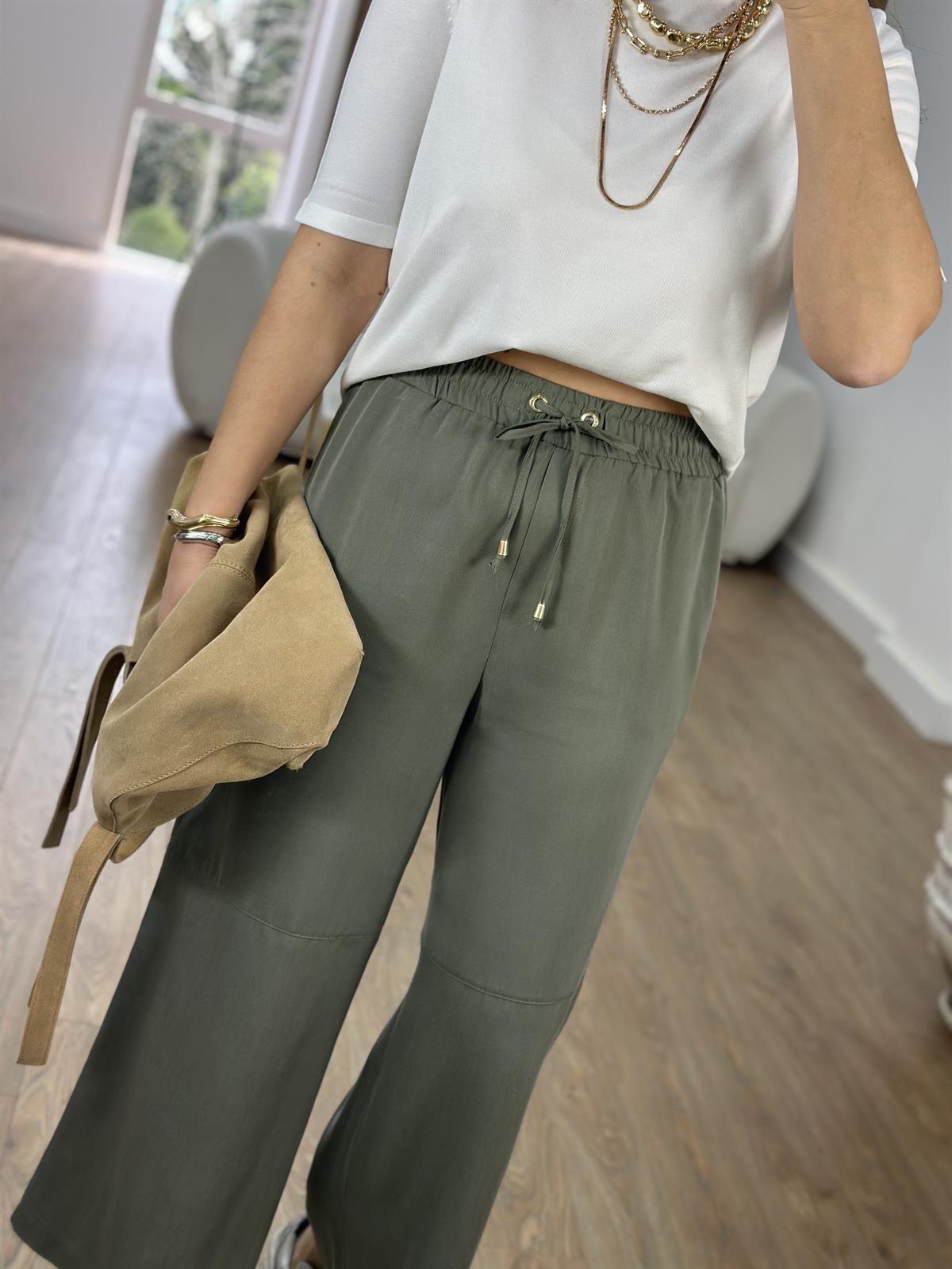 Tensel Viskon Bol Paça Pantolon-Haki