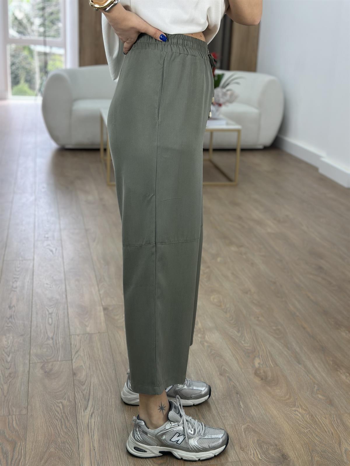 Tensel Viskon Bol Paça Pantolon-Haki