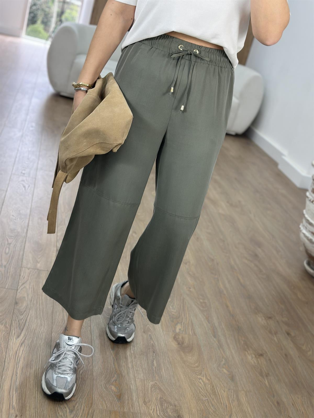 Tensel Viskon Bol Paça Pantolon-Haki