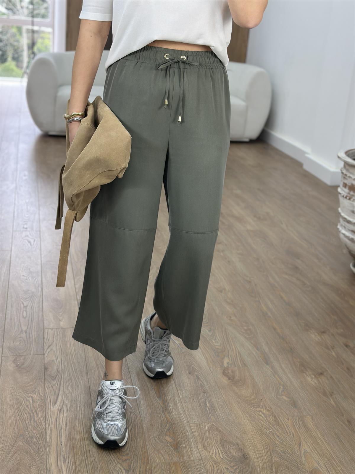 Tensel Viskon Bol Paça Pantolon-Haki