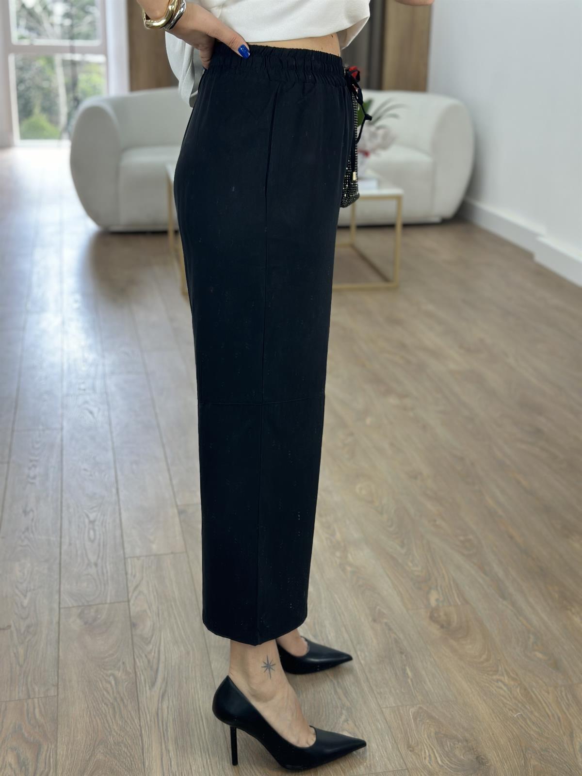 Tensel Viskon Bol Paça Pantolon-Siyah