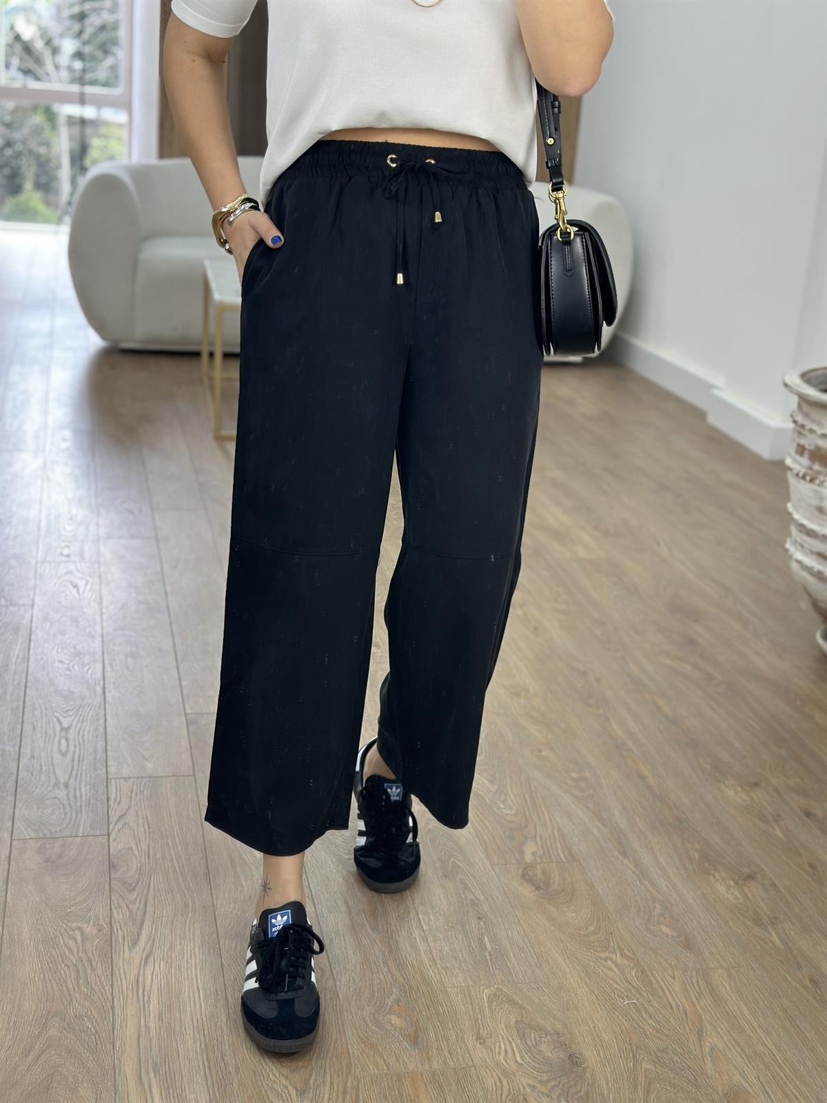 Tensel Viskon Bol Paça Pantolon-Siyah